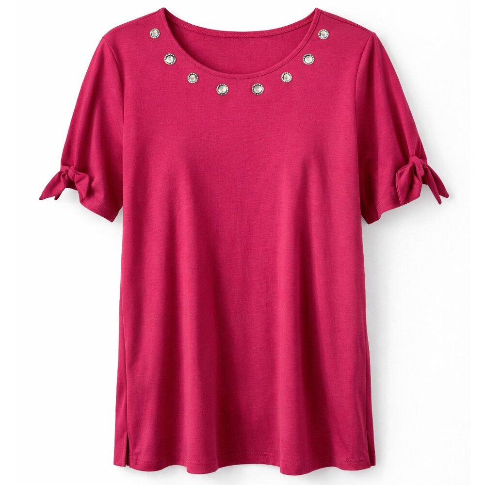 Quacker Factory Pink Knit Grommet Top Rhinestone Split Sleeve 1X